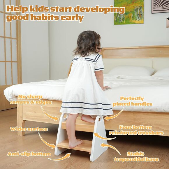 Toddler Step Stool 2-Step Wooden w/ Handles | Kids Bathroom Kitchen Helper White - Picture 2 of 7